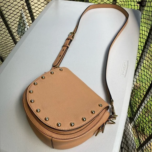 Rebecca Minkoff Tan Pebbeled Leather Saddle Bag Studded Crossbody Purse - Picture 6 of 17